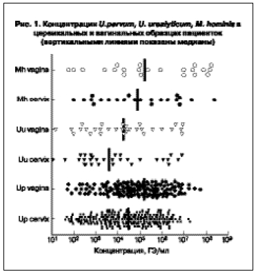 Концентрация U. parvum, U. Urealyticum, M. hominis в цервикальных и вагинальных образцах пациенток (вертикальными линиями показаны медианы)