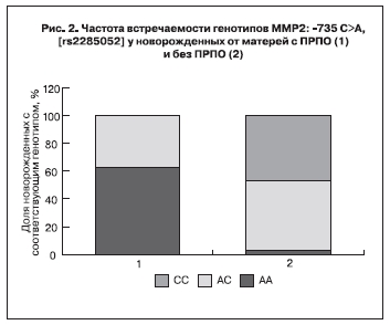 Частота встречаемости генотипов ММР2: -735 С>А, [rs2285052] у новорожденных от матерей с ПРПО (1) и без ПРПО (2)