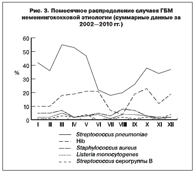 Помесячное распределение случаев ГМБ неменингококковой этилогии (суммарные данные за 2002-2010 гг.)