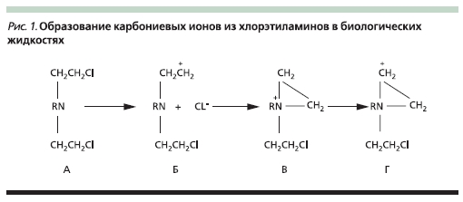 Образование карбониевых ионов из хлорэтиламинов в биологических жидкостях