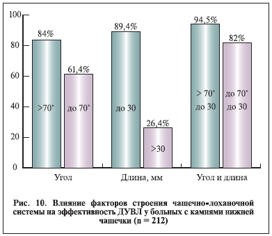 Влиние факторов строения чашечно-лоханочной системы на эффективность ДУВЛ у больных с камнями нижней чашечки (n=12)